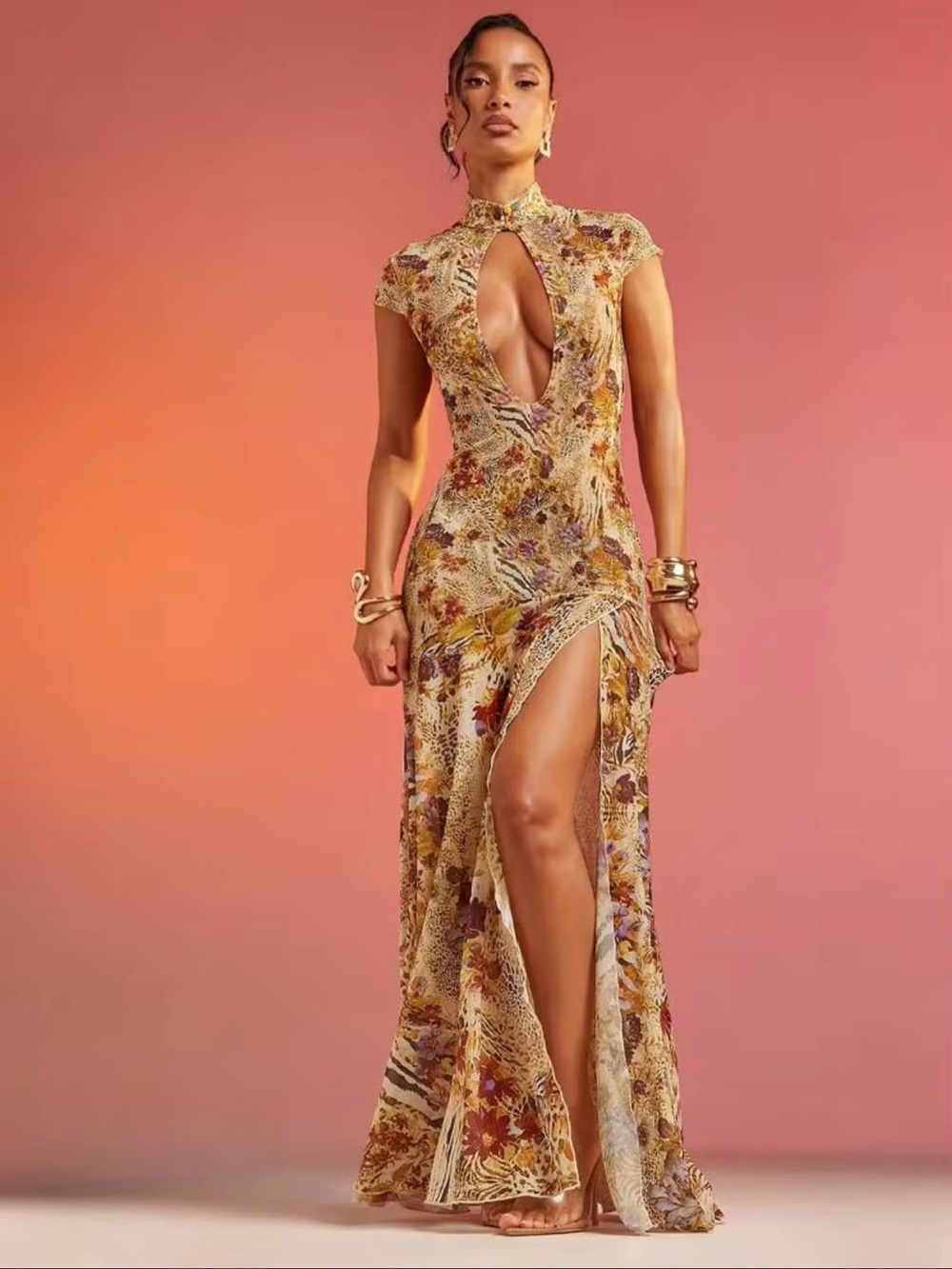 Floral Keyhole High-Slit Maxi Dress in Mustard and Brown